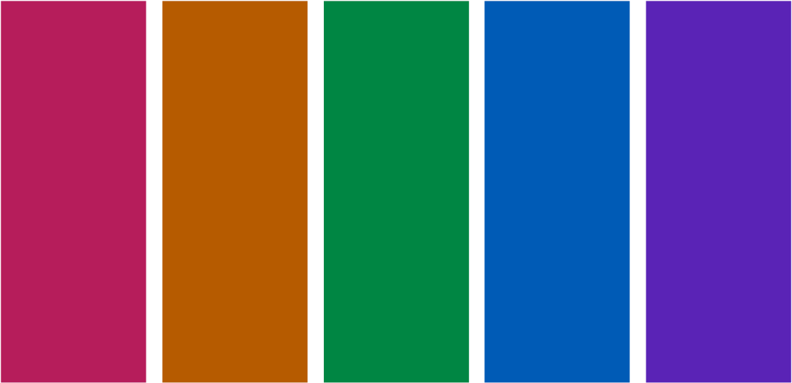 A swatch of five colours, a pink, orange, green, blue and purple, all quite bright, but still all with a contrast ratio of 4.5:1 or better against white.