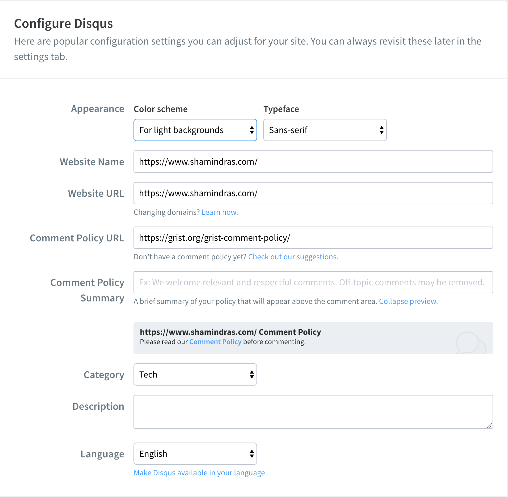 Disqus Configuration Settings