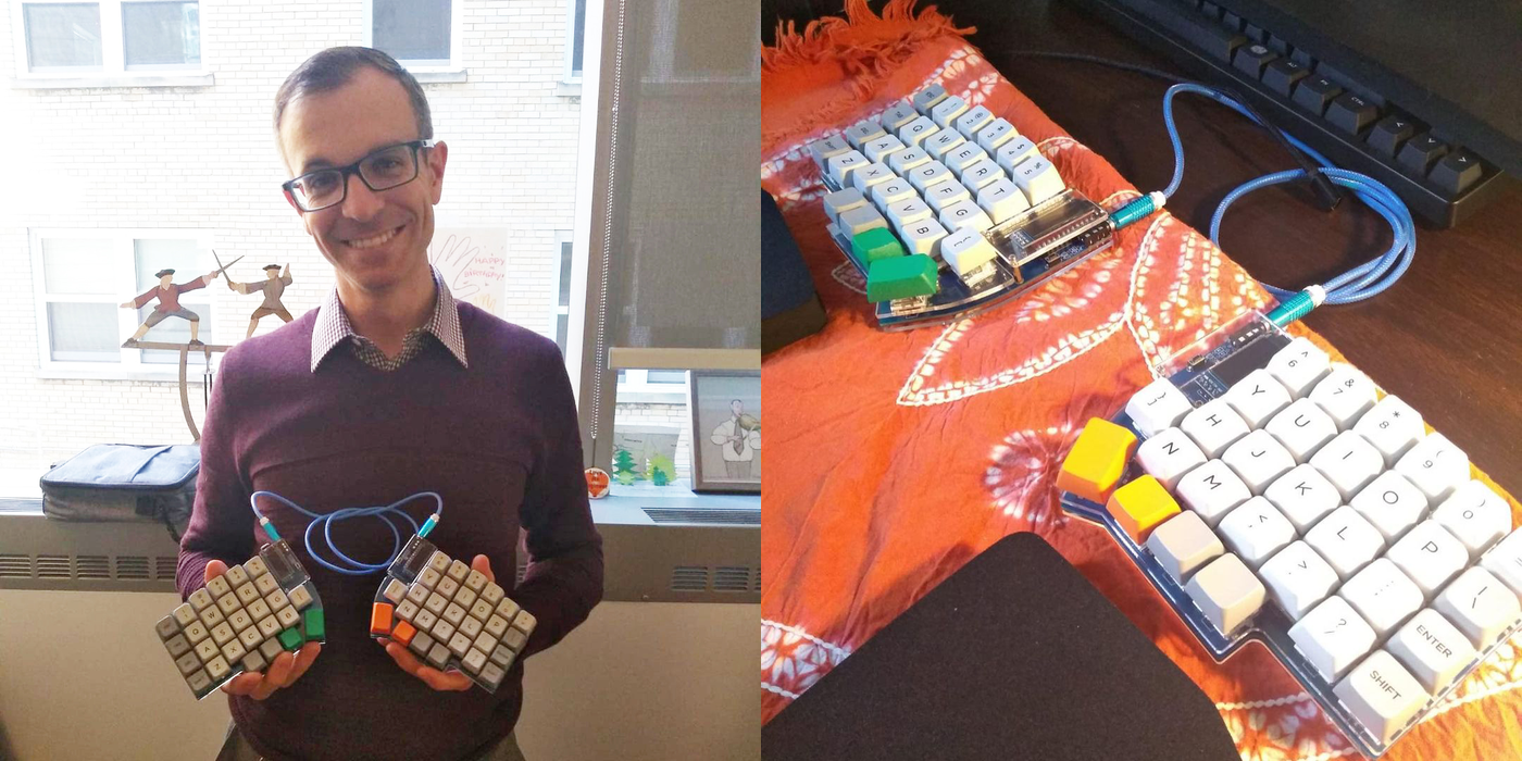 Me and my first ever DIY keyboard (a Lily58), assembled (mostly) in the GW Innovation Center.