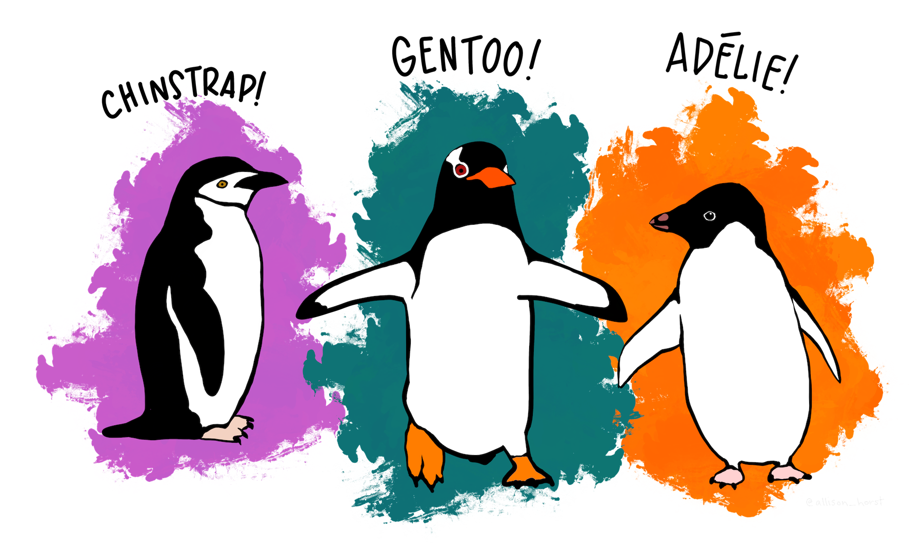 Illustration of the three penguin species: Chinstrap, Gentoo, and Adelie